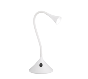 De REALITY Tafellamp VIPER is een moderne witte bureaulamp met een flexibele, gebogen hals, een conische lampenkap en een ronde voet met één zwarte knop.