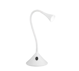 De REALITY Tafellamp VIPER is een moderne witte bureaulamp met een flexibele, gebogen hals, een conische lampenkap en een ronde voet met één zwarte knop.