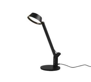 De TRIO Tafellamp Ava L is een moderne zwarte bureaulamp met een schuin verstelbare arm, een ronde voet met meerdere USB-poorten en straalt licht uit als hij aan staat.