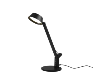 De TRIO Tafellamp Ava L is een moderne zwarte bureaulamp met een schuin verstelbare arm, een ronde voet met meerdere USB-poorten en straalt licht uit als hij aan staat.