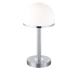De TRIO Tafellamp BERLIN heeft een moderne ronde witte matglazen kap, een slanke zilveren steel en een ronde zilveren voet met een kleine knop.