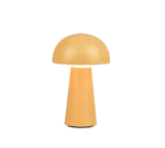 De REALITY Tafellamp LENNON is een moderne tafellamp met een mat oranje afwerking, een koepelvormige kap en een conische voet in een op paddenstoelen geïnspireerd ontwerp, afgebeeld op een witte achtergrond.