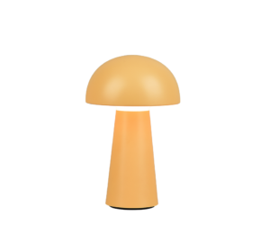 De REALITY Tafellamp LENNON is een moderne tafellamp met een mat oranje afwerking, een koepelvormige kap en een conische voet in een op paddenstoelen geïnspireerd ontwerp, afgebeeld op een witte achtergrond.