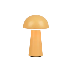 De REALITY Tafellamp LENNON is een moderne tafellamp met een mat oranje afwerking, een koepelvormige kap en een conische voet in een op paddenstoelen geïnspireerd ontwerp, afgebeeld op een witte achtergrond.