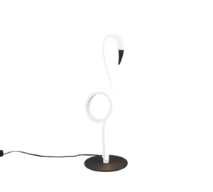 De REALITY Tafellamp INGO is een moderne bureaulamp in de vorm van een oplichtende witte dreg, gemonteerd op een ronde zwarte voet met een netsnoer aan de achterkant.