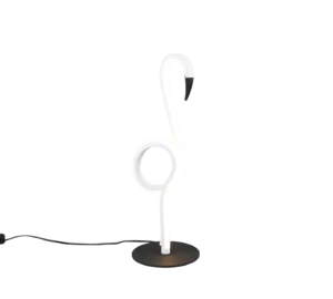 De REALITY Tafellamp INGO is een moderne bureaulamp in de vorm van een oplichtende witte dreg, gemonteerd op een ronde zwarte voet met een netsnoer aan de achterkant.