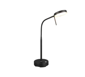 De Reality Tafellamp Moreno is een moderne zwarte bureaulamp met een ronde voet, een verstelbare zwanenhals en een ronde lampkop die aangaat en een warme gloed uitstraalt.