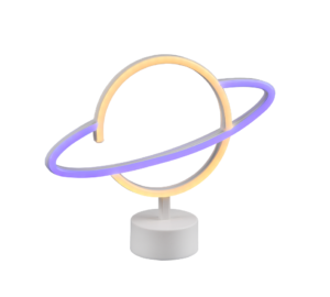 De REALITY Tafellamp PLANET is een neonlamp in de vorm van Saturnus, met een gele ring en paarse omtrek, gemonteerd op een compacte witte voet.