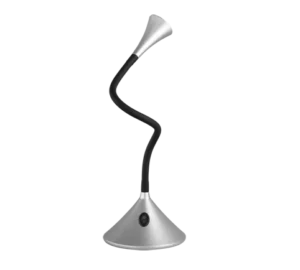 De REALITY Tafellamp VIPER is een moderne zilver met zwarte bureaulamp met een flexibele gedraaide hals, slanke uitlopende kop, kegelvormige voet en aan/uit-knop.