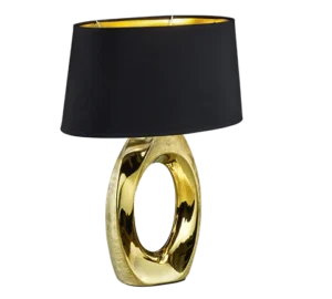 De Reality Tafellamp Taba is een moderne tafellamp met een glanzend gouden ovale voet, een brede zwarte lampenkap en een strak eigentijds ontwerp.
