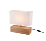 De Reality Tafellamp Woody heeft een modern ontwerp met een rechthoekige witte stoffen kap, houten rechthoekige voet en wordt ingeschakeld met een zichtbaar zwart netsnoer en schakelaar.