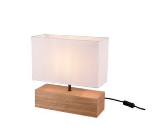 De Reality Tafellamp Woody heeft een modern ontwerp met een rechthoekige witte stoffen kap, houten rechthoekige voet en wordt ingeschakeld met een zichtbaar zwart netsnoer en schakelaar.