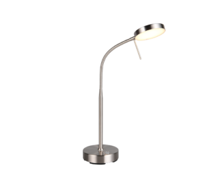 De Reality Tafellamp Moreno is een moderne metalen bureaulamp met een ronde voet, een slanke verstelbare hals en een ronde LED-kop die zacht wit licht uitstraalt.