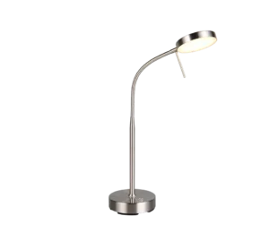 De Reality Tafellamp Moreno is een moderne metalen bureaulamp met een ronde voet, een slanke verstelbare hals en een ronde LED-kop die zacht wit licht uitstraalt.
