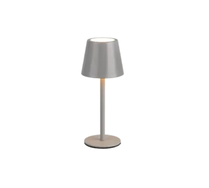 De Reality Tafellamp Diaz is een moderne, minimalistische tafellamp met een grijze kegelvormige kap, slanke cilindrische voet en ronde vlakke onderkant, tegen een effen witte achtergrond.