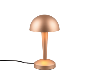 De REALITY Tafellamp CANARIA heeft een modern metallic goudkleurig ontwerp met een koepelvormige kap, taps toelopende voet en ronde voet. Een zwart netsnoer komt uit de voet. De lamp is afgebeeld tegen een witte achtergrond.
