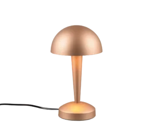 De REALITY Tafellamp CANARIA heeft een modern metallic goudkleurig ontwerp met een koepelvormige kap, taps toelopende voet en ronde voet. Een zwart netsnoer komt uit de voet. De lamp is afgebeeld tegen een witte achtergrond.