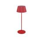 De Reality Tafellamp SUAREZ is een moderne rode vloerlamp met een geplooide kap, slanke centrale paal en ronde voet, afgebeeld tegen een witte achtergrond.