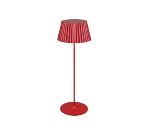De Reality Tafellamp SUAREZ is een moderne rode vloerlamp met een geplooide kap, slanke centrale paal en ronde voet, afgebeeld tegen een witte achtergrond.