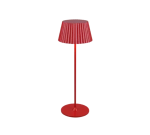 De TRIO Tafellamp Travis is een moderne rode tafellamp met een geplooide lampenkap, slanke steel en ronde voet, afgebeeld op een witte achtergrond.