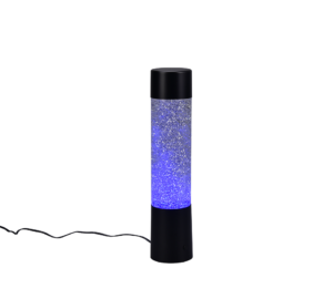 De REALITY Tafellamp GLITTER is een cilindervormige zwarte tafellamp met een helder glittergedeelte, blauwe verlichting en een netsnoer dat uit de voet steekt.