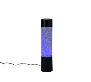 De REALITY Tafellamp GLITTER is een cilindervormige zwarte tafellamp met een helder glittergedeelte, blauwe verlichting en een netsnoer dat uit de voet steekt.