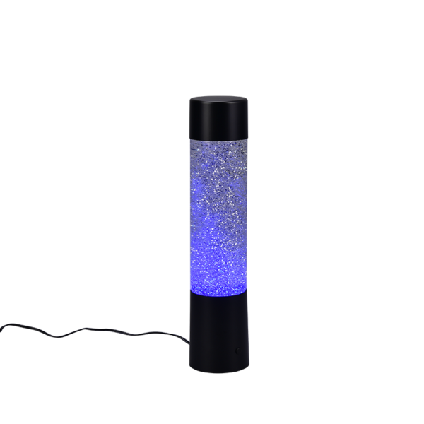 De REALITY Tafellamp GLITTER is een cilindervormige zwarte tafellamp met een helder glittergedeelte, blauwe verlichting en een netsnoer dat uit de voet steekt.