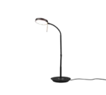 De TRIO Tafellamp Monza is een moderne zwarte lamp met een ronde voet, een gebogen hals en een ronde lampenkap die licht naar beneden werpt.