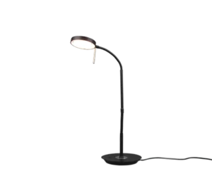De TRIO Tafellamp Monza is een moderne zwarte lamp met een ronde voet, een gebogen hals en een ronde lampenkap die licht naar beneden werpt.