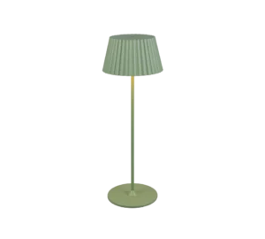 De REALITY Tafellamp PRINCESS heeft een groene geplooide lampenkap, een slanke mast en een ronde voet, die warm naar beneden gericht licht geeft.