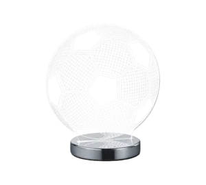 De REALITY Tafellamp BALL is een decoratieve LED-lamp in de vorm van een voetbal met een geometrisch draadframe-ontwerp op een ronde metalen voet.