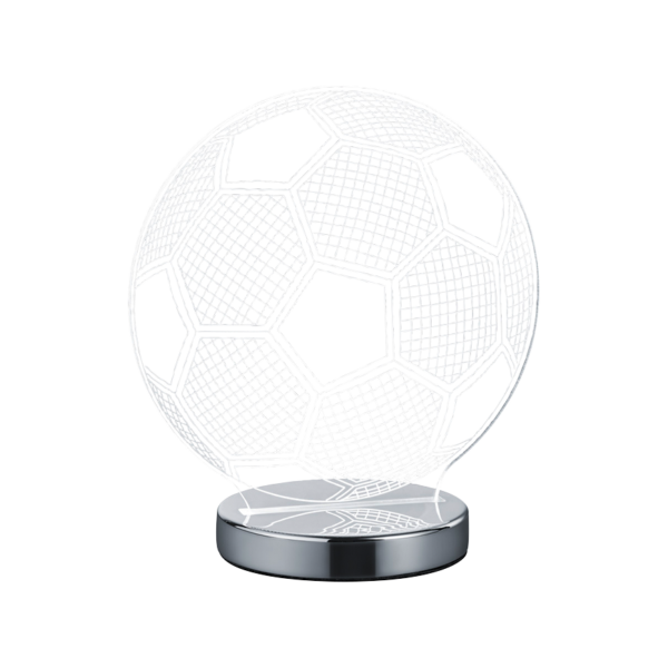 De REALITY Tafellamp BALL is een decoratieve LED-lamp in de vorm van een voetbal met een geometrisch draadframe-ontwerp op een ronde metalen voet.