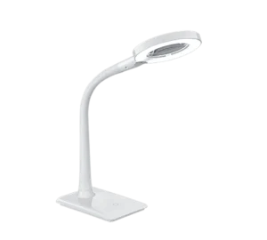 De TRIO Tafellamp Lupo is een moderne witte bureaulamp met een flexibele hals en ronde lampkop, gemonteerd op een rechthoekige voet.