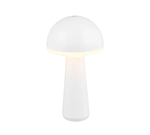 De Reality Tafellamp FUNGO is een moderne, minimalistische witte tafellamp met een koepelvormige kap en cilindrische voet, die zacht oplicht rond de rand van de kap.