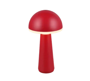De Reality Tafellamp FUNGO is een moderne rode tafellamp met een paddestoelvormige kap en conische voet, en straalt een zachte, warme gloed uit onder de afgeronde bovenkant.