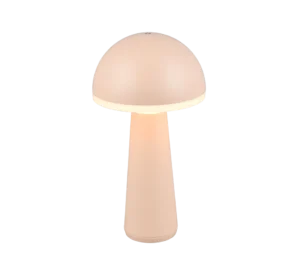 De Reality Tafellamp FUNGO is een moderne, minimalistische tafellamp met een koepelvormige kap en conische voet in zacht beige, die warm licht uitstraalt.