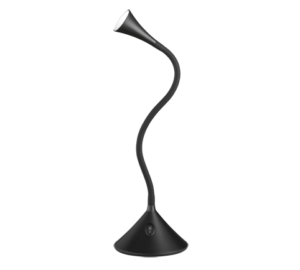 De REALITY Tafellamp VIPER is een moderne zwarte bureaulamp met een flexibele gebogen hals, een aanraakgevoelige aan/uit-knop op de brede ronde voet en een schuine kegelvormige kop.