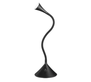 De REALITY Tafellamp VIPER is een moderne zwarte bureaulamp met een flexibele gebogen hals, een aanraakgevoelige aan/uit-knop op de brede ronde voet en een schuine kegelvormige kop.