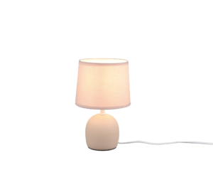 De REALITY Tafellamp MALU heeft een compact, modern ontwerp met een ronde witte voet en een slanke cilindrische kap. In het stopcontact straalt hij een zacht, warm licht uit dat perfect is voor elke ruimte.