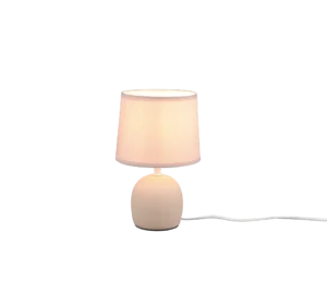 De REALITY Tafellamp MALU heeft een compact, modern ontwerp met een ronde witte voet en een slanke cilindrische kap. In het stopcontact straalt hij een zacht, warm licht uit dat perfect is voor elke ruimte.