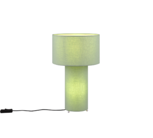 De TRIO Tafellamp Bale heeft een cilindervormige lichtgroene stoffen kap en voet, straalt een zachte gloed uit als hij aanstaat en heeft een zichtbaar zwart elektriciteitssnoer aan de linkerkant.