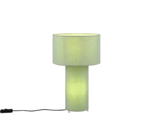 De TRIO Tafellamp Bale heeft een cilindervormige lichtgroene stoffen kap en voet, straalt een zachte gloed uit als hij aanstaat en heeft een zichtbaar zwart elektriciteitssnoer aan de linkerkant.
