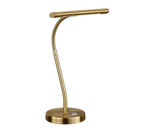 De TRIO Tafellamp CURTIS is een moderne, goudkleurige bureaulamp met een ronde voet, flexibele hals en slanke horizontale lichtbalk.