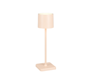 De Reality Tafellamp Fernandez-in is een moderne minimalistische tafellamp met een cilindrische beige kap, slanke rechte stang en vierkante voet, allemaal in een lichte neutrale tint.