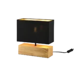 De Reality Tafellamp Woody heeft een modern ontwerp met een rechthoekige zwarte kap, lichte houten voet en zwart netsnoer. Wanneer de Woody wordt aangezet, geeft hij een warme gloed - perfect voor elke moderne ruimte.