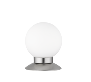 De REALITY Tafellamp PRINCESS heeft een witte ronde lamp op een metalen voet.