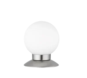 De REALITY Tafellamp PRINCESS heeft een witte ronde lamp op een metalen voet.