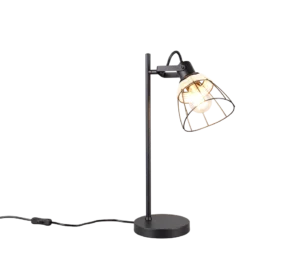 De REALITY Tafellamp JEROME is een moderne zwart metalen bureaulamp met een ronde voet en een verlichte lamp in een draadkooi kap, afgebeeld ingeschakeld met zijn zichtbare netsnoer en schakelaar.