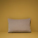 Het Armkussen 50x50, een effen lichtbeige rechthoekig kussen, rust tegen een effen mosterdgele muur en ondergrond, waardoor een eenvoudig en minimalistisch tafereel ontstaat.