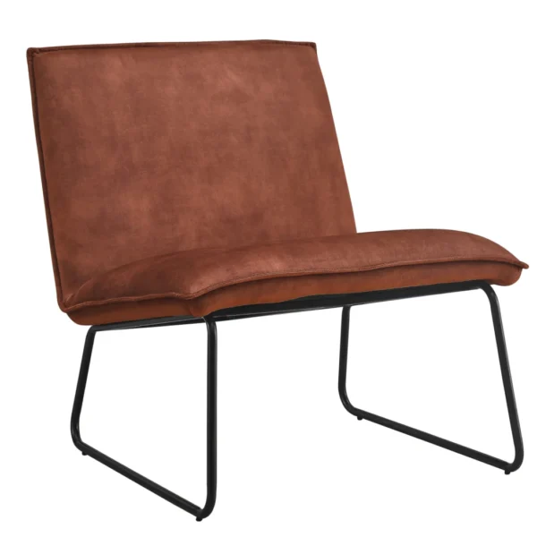De Fauteuil James - Velvet Roest is een moderne accentstoel zonder armleuningen met een met bruin fluweel beklede zitting en rugleuning, op een eenvoudig zwart metalen frame en poten.